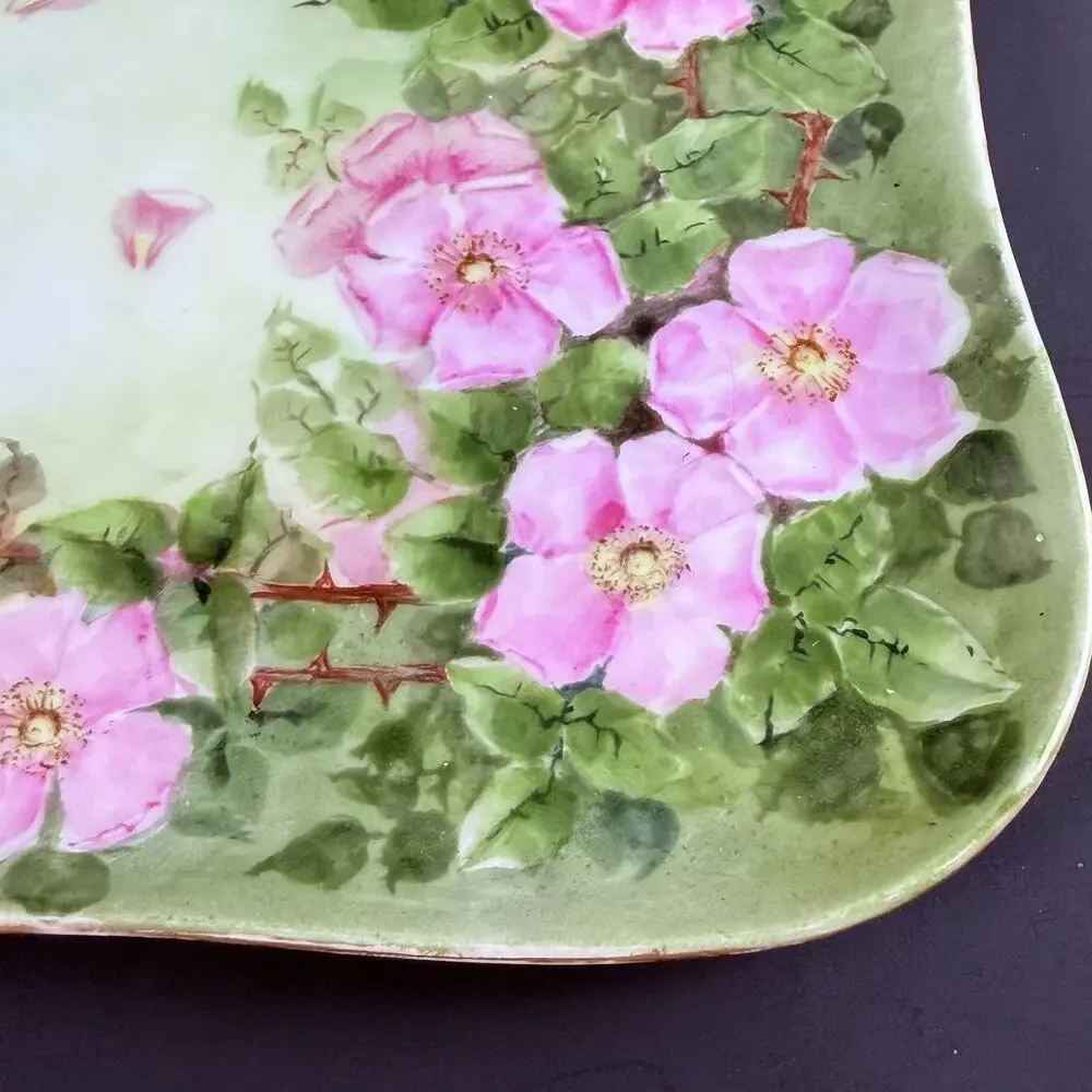 Antique French Limoges Porcelain Dish Vanity Tray Hand Painted Wild Roses Signed